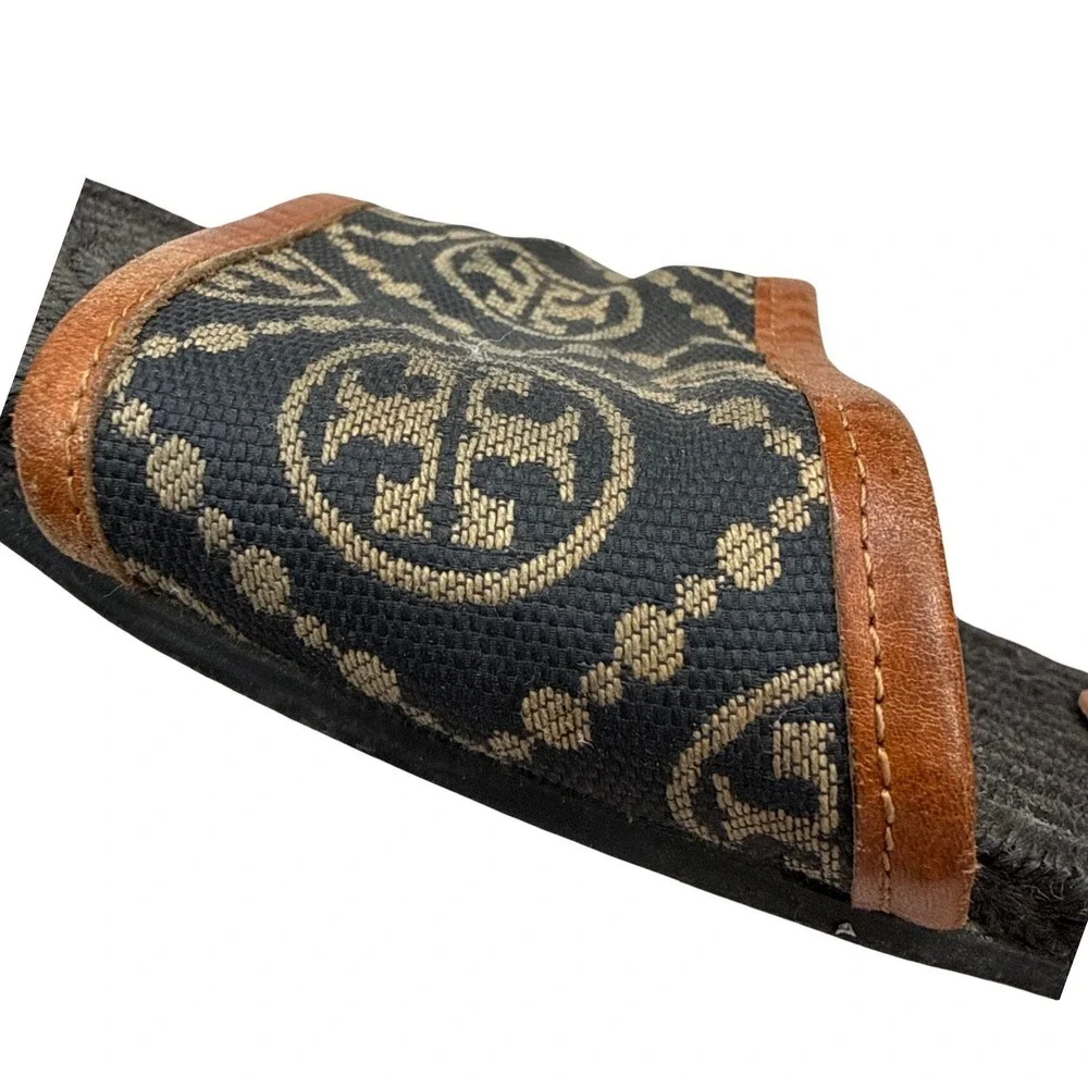 Tory Burch T Monogram‎ Espadrille Slides Size 6 Logo Sandals Navy Tan